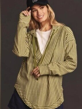 Anthropology Pilcro Wharfside Hooded Sweatshirt Green White Stripe M